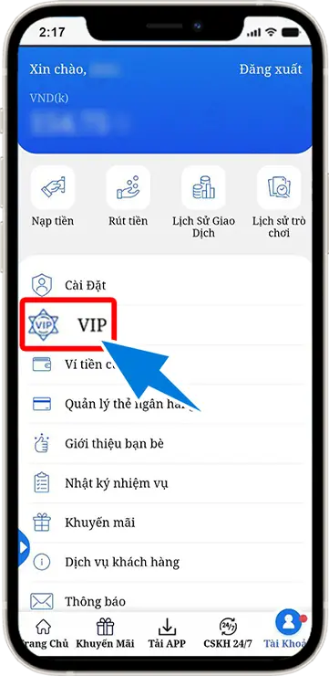 B2 : Chọn mục "VIP "
